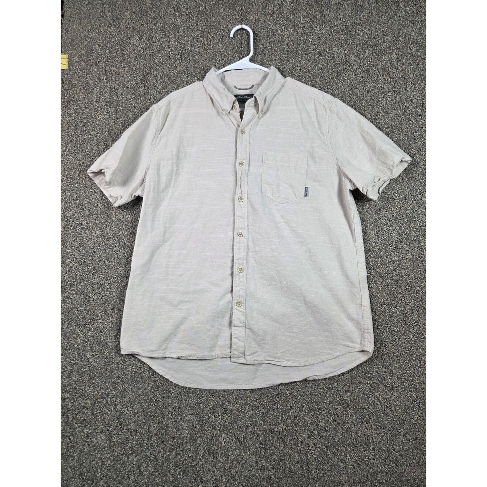 Eddie Bauer Button‎ Down Shirt Mens L Tan Short Sleeve Slub Cotton EM13SW226P